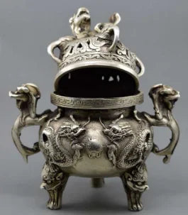 +Chinese buddhist manual old silver copper dragon lion statues incense burner