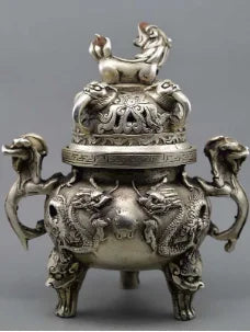 +Chinese buddhist manual old silver copper dragon lion statues incense burner