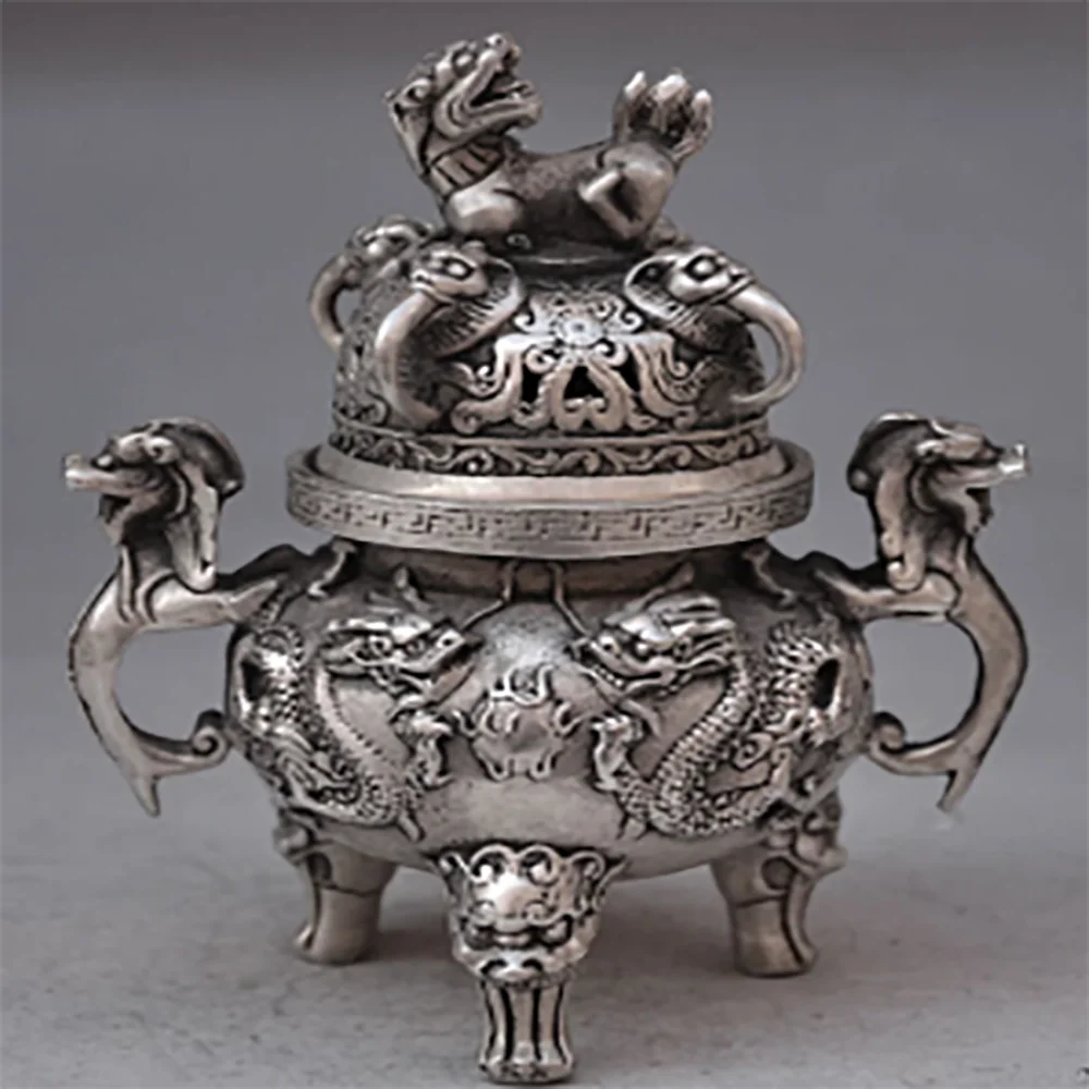 +Chinese buddhist manual old silver copper dragon lion statues incense burner