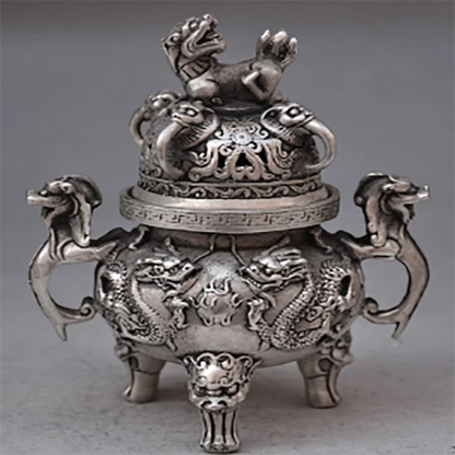 +Chinese buddhist manual old silver copper dragon lion statues incense burner