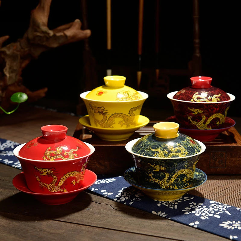 Chinese ceramics Tea Tureen Retro Hand Painted Dragon pattern multicolor Teaware Portable travel Beautiful Tea Set Drinkware