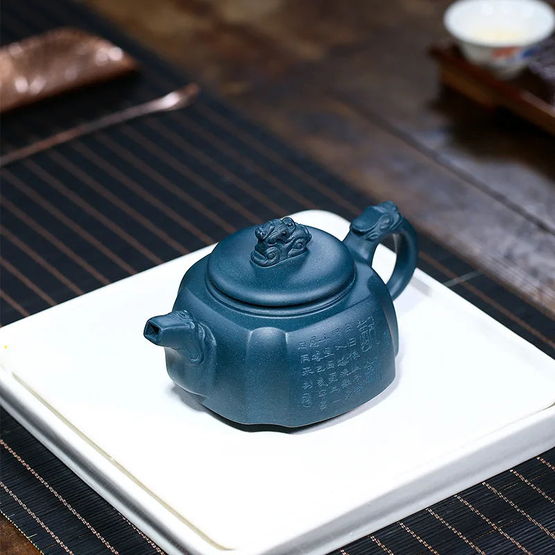 Chinese character carved mascot statue true yixing zisha tianqing clay tea pot handmade craft health care original ore pot 300ml