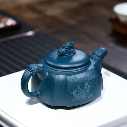 Chinese character carved mascot statue true yixing zisha tianqing clay tea pot handmade craft health care original ore pot 300ml