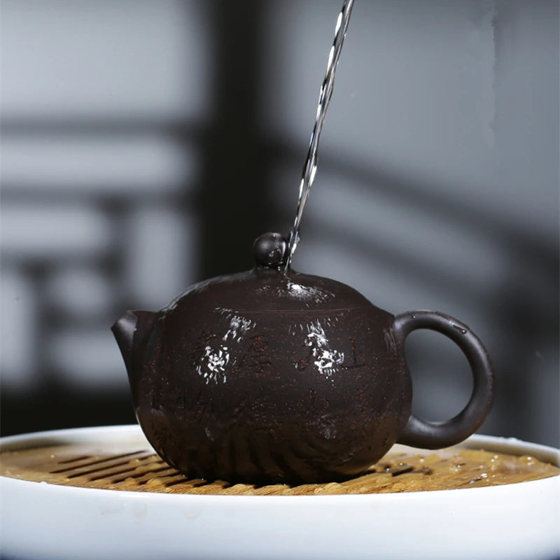 Chinese character engraved real yixing zisha black galaxy clay tea pot marked handmade xishi pot of tea authentic original ore