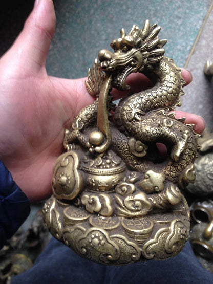 Chinese folk Auspicious Brass Copper sculpture Palace FengShui stereoscopic Dragon Art Statue decoration metal handicraft