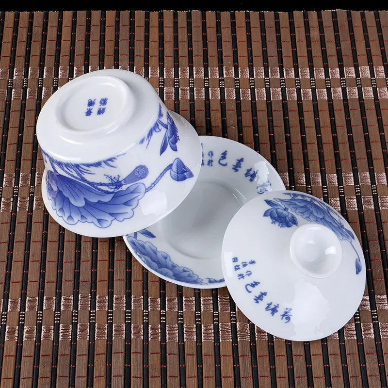 Chinese gaiwan mountain-river print handpainted cup bowl blue-and-white porcelain tureen covered bowl with lid cup saucer