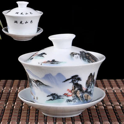 Chinese gaiwan mountain-river print handpainted cup bowl blue-and-white porcelain tureen covered bowl with lid cup saucer