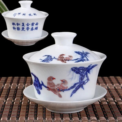 Chinese gaiwan mountain-river print handpainted cup bowl blue-and-white porcelain tureen covered bowl with lid cup saucer