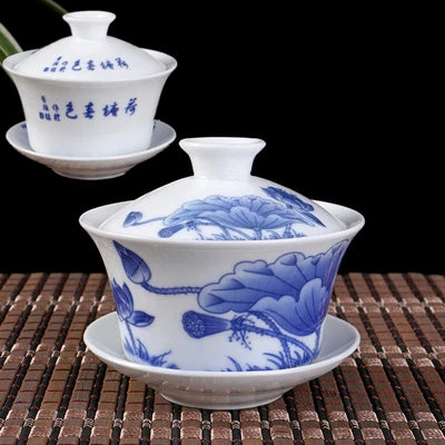Chinese gaiwan mountain-river print handpainted cup bowl blue-and-white porcelain tureen covered bowl with lid cup saucer
