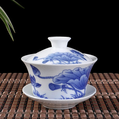 Chinese gaiwan mountain-river print handpainted cup bowl blue-and-white porcelain tureen covered bowl with lid cup saucer