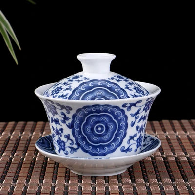 Chinese gaiwan mountain-river print handpainted cup bowl blue-and-white porcelain tureen covered bowl with lid cup saucer