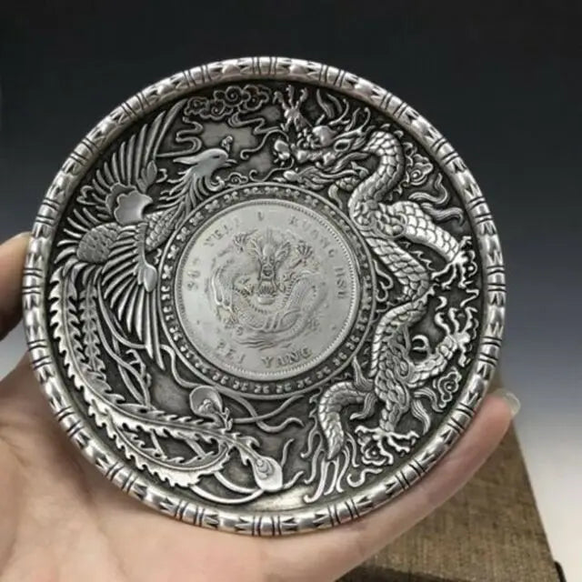 Chinese hand-carved dragon pattern Tibet silver Copper The plate TE