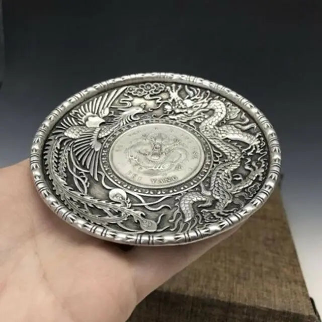 Chinese hand-carved dragon pattern Tibet silver Copper The plate TE