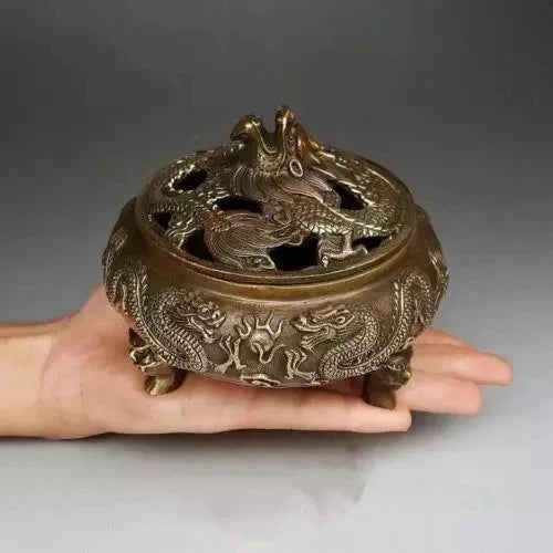 Chinese handmade antique bronze zodiac 5 dragons Tap the lid Incense Burner censer