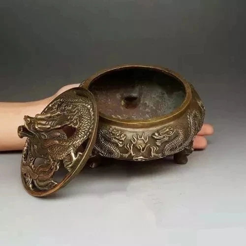 Chinese handmade antique bronze zodiac 5 dragons Tap the lid Incense Burner censer
