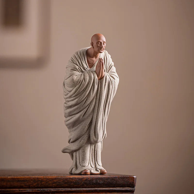 Chinese handmade purple sand small monk ornaments, creative ceramic figures, small shamans, home and living room Zen decorations