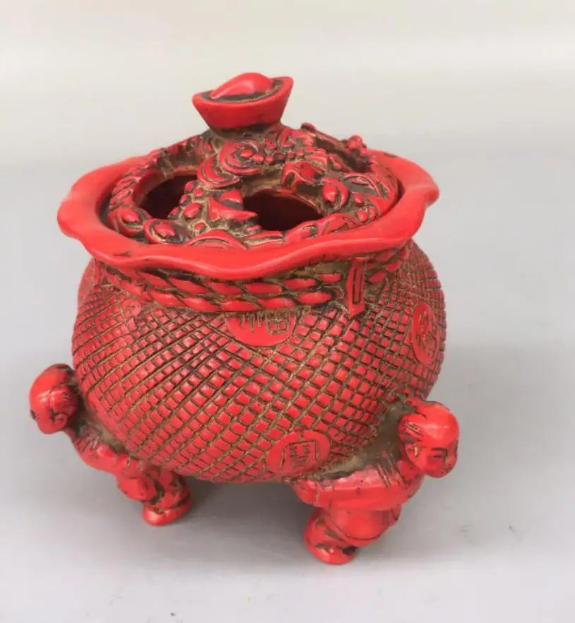 Chinese imitation red coral bag shape Incense burner crafts statue