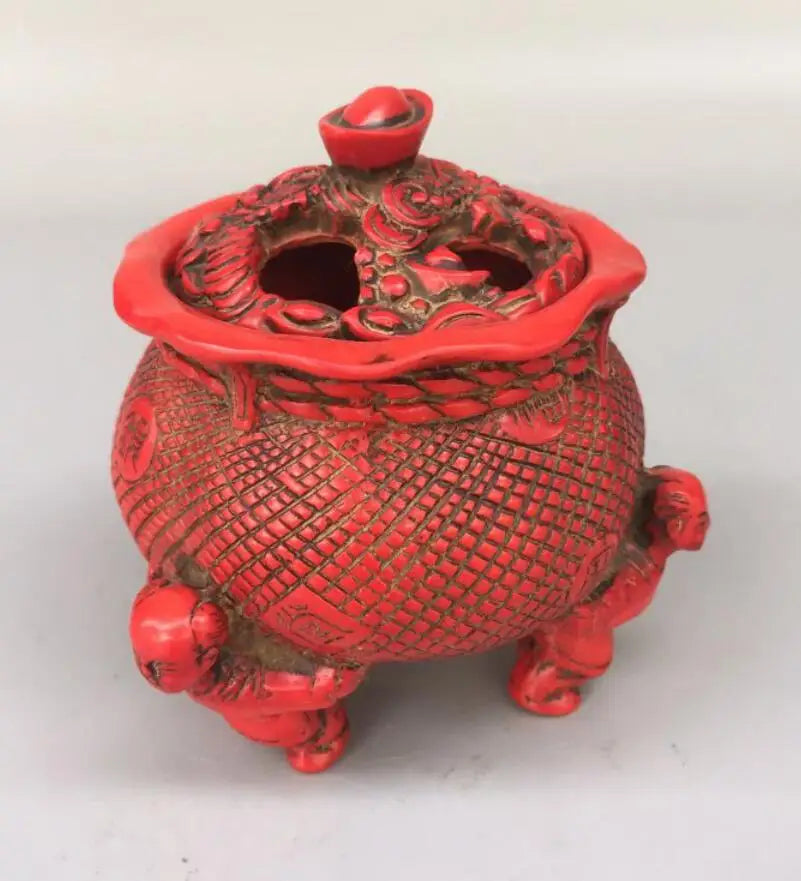 Chinese imitation red coral bag shape Incense burner crafts statue