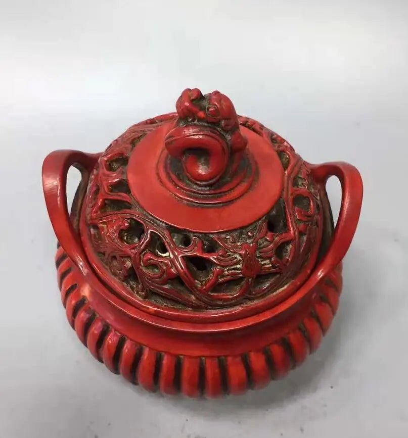 Chinese imitation red coral beast lid Incense burner crafts statue
