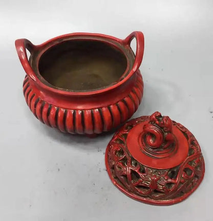 Chinese imitation red coral beast lid Incense burner crafts statue