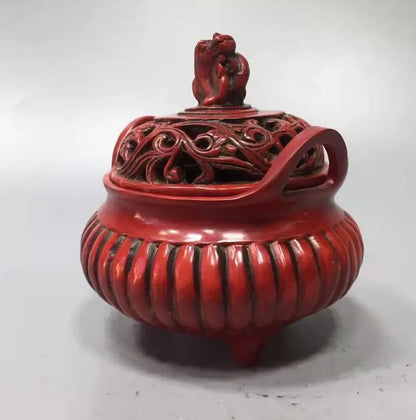 Chinese imitation red coral beast lid Incense burner crafts statue