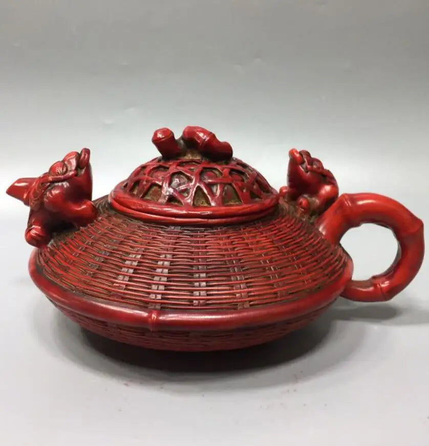Chinese imitation red coral fish basket shape teapot crafts statue