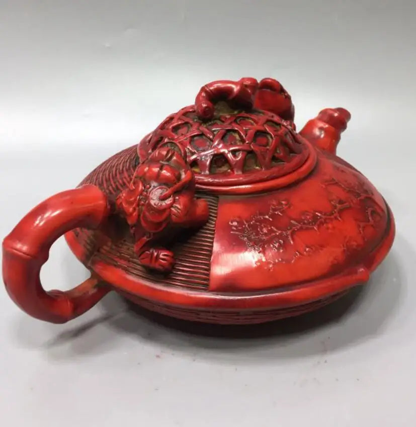 Chinese imitation red coral fish basket shape teapot crafts statue