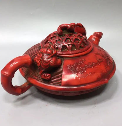 Chinese imitation red coral fish basket shape teapot crafts statue