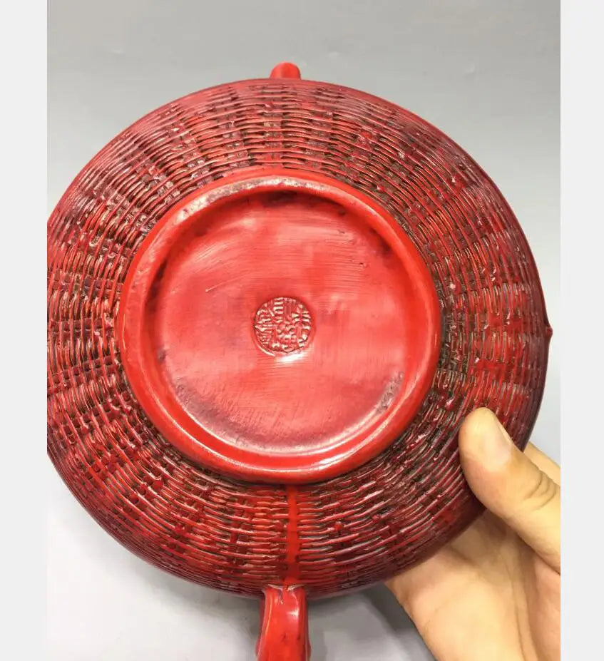 Chinese imitation red coral fish basket shape teapot crafts statue