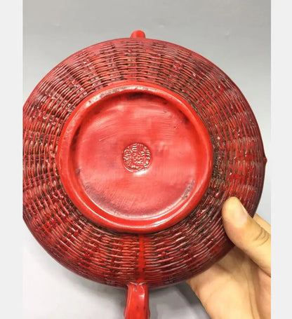 Chinese imitation red coral fish basket shape teapot crafts statue