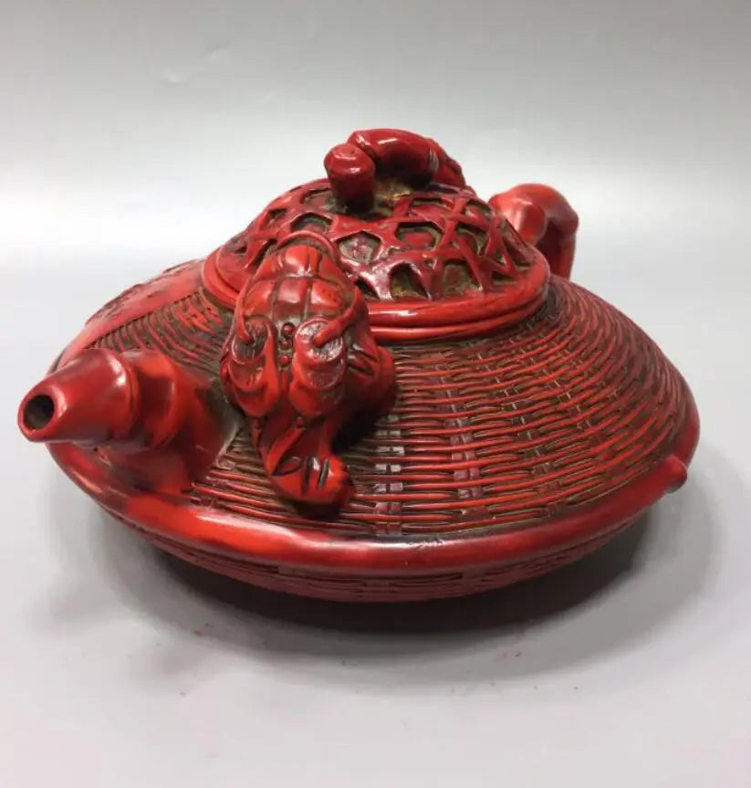 Chinese imitation red coral fish basket shape teapot crafts statue
