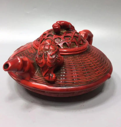 Chinese imitation red coral fish basket shape teapot crafts statue