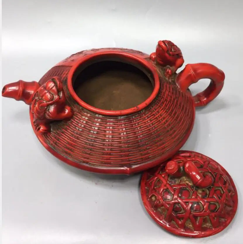Chinese imitation red coral fish basket shape teapot crafts statue