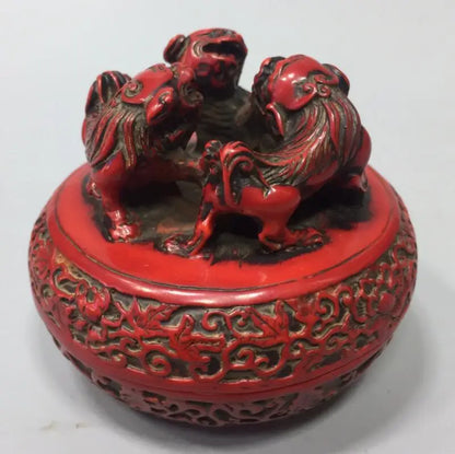 Chinese imitation red coral lion print mud box crafts statue