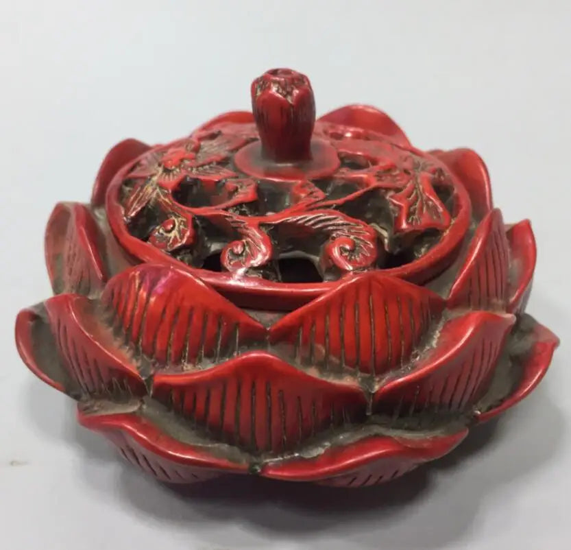 Chinese imitation red coral lotus Incense burner small crafts statue