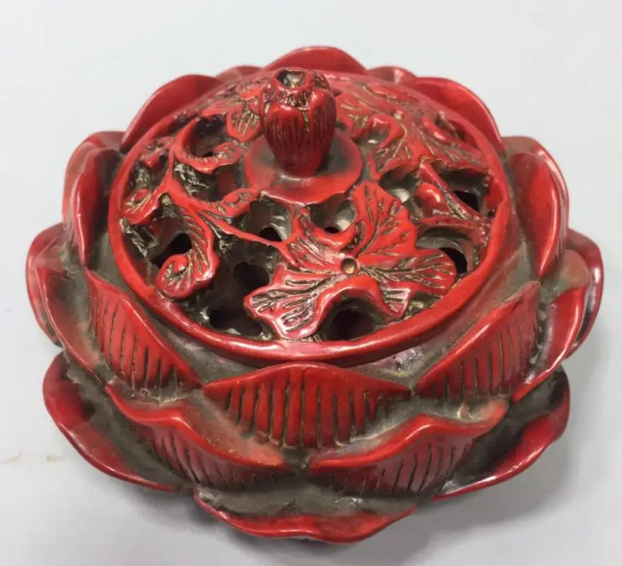 Chinese imitation red coral lotus Incense burner small crafts statue