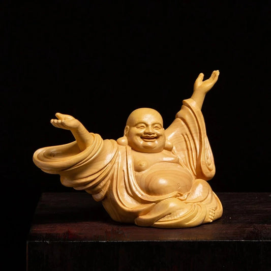 Chinese joy Laughing Buddha Sculpture Statue Hand carved solid wood Buddha statue Home decoration figurines free delivery