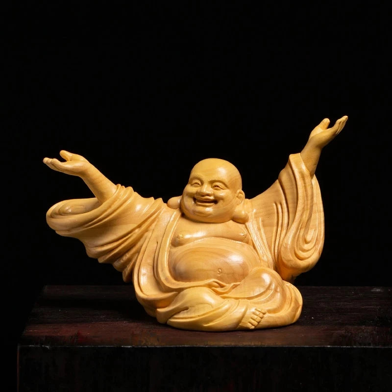 Chinese joy Laughing Buddha Sculpture Statue Hand carved solid wood Buddha statue Home decoration figurines free delivery