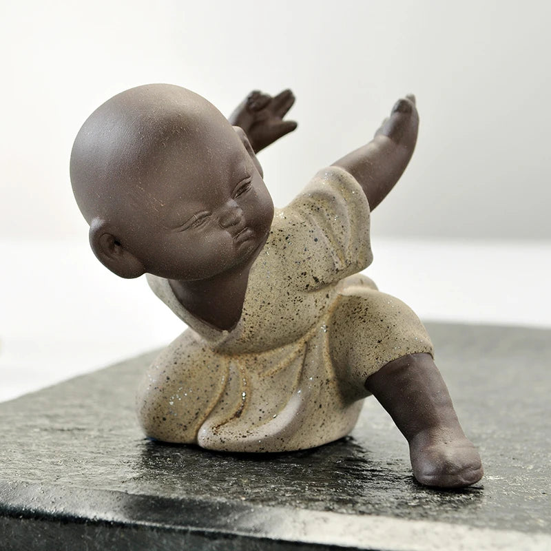 Chinese kungfu boy tea pet creative purple clay tea pet table decoration yixing zisha tea play monk statue small size posture