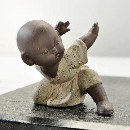 Chinese kungfu boy tea pet creative purple clay tea pet table decoration yixing zisha tea play monk statue small size posture