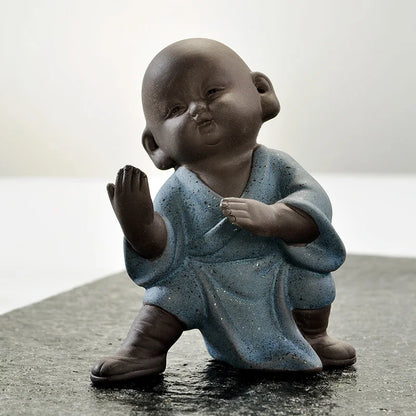 Chinese kungfu boy tea pet creative purple clay tea pet table decoration yixing zisha tea play monk statue small size posture