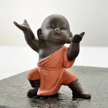 Chinese kungfu boy tea pet creative purple clay tea pet table decoration yixing zisha tea play monk statue small size posture