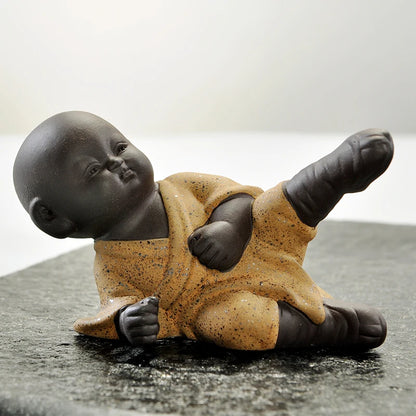 Chinese kungfu boy tea pet creative purple clay tea pet table decoration yixing zisha tea play monk statue small size posture