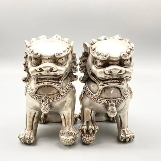 Chinese old Tibetan silver carved pair foo dog lion statue
