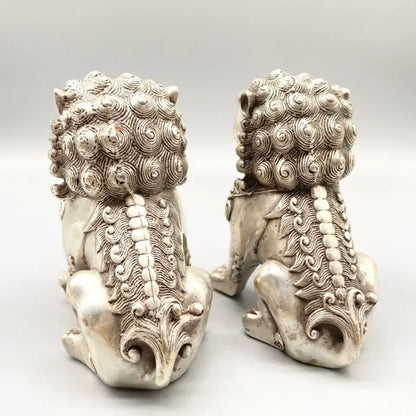 Chinese old Tibetan silver carved pair foo dog lion statue