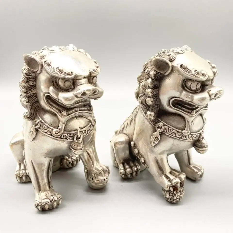 Chinese old Tibetan silver carved pair foo dog lion statue