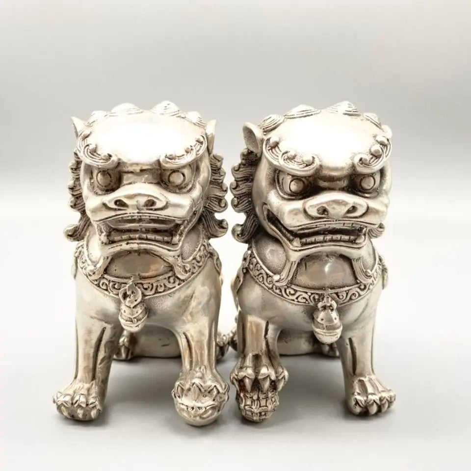 Chinese old Tibetan silver carved pair foo dog lion statue