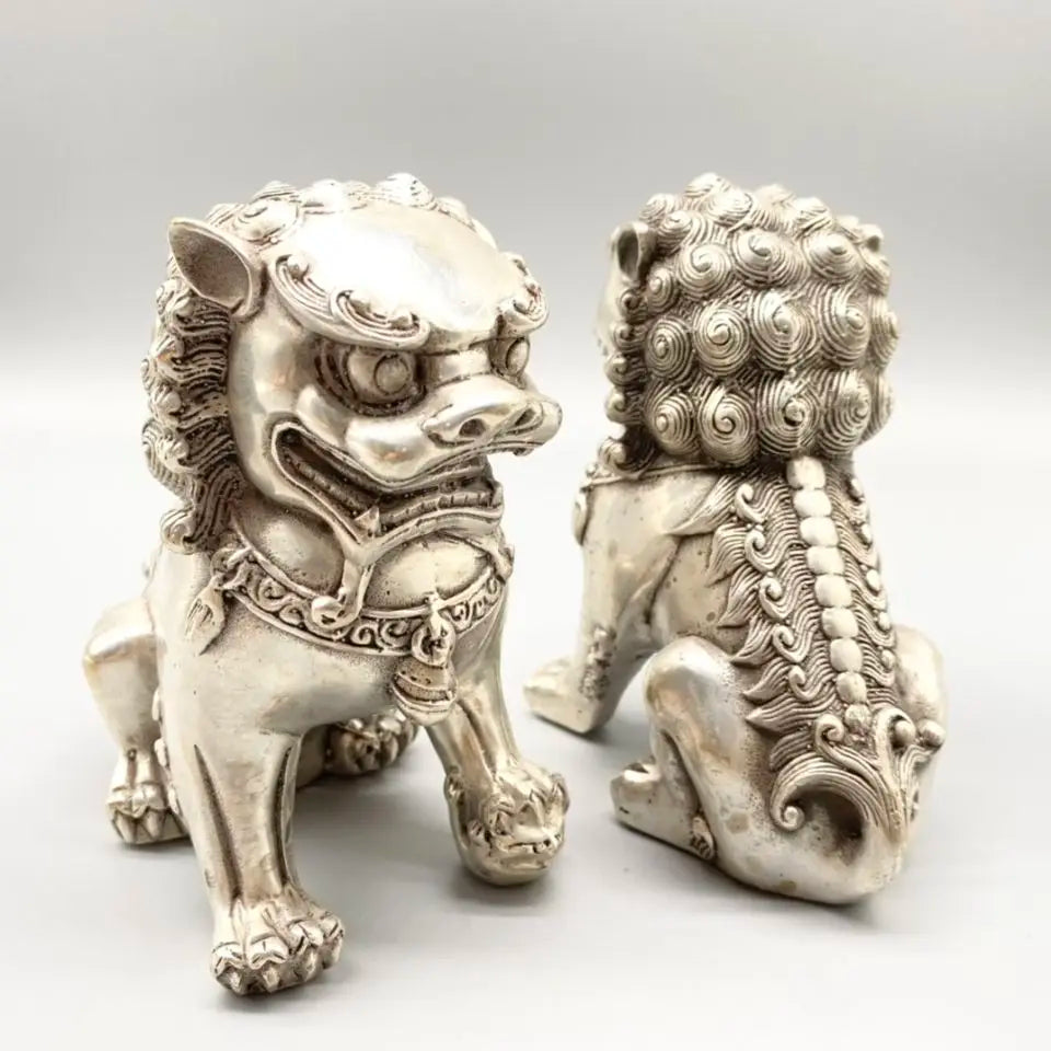 Chinese old Tibetan silver carved pair foo dog lion statue
