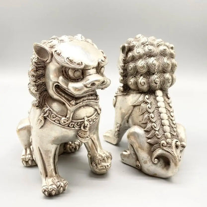 Chinese old Tibetan silver carved pair foo dog lion statue