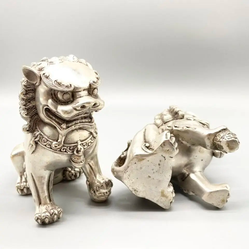Chinese old Tibetan silver carved pair foo dog lion statue